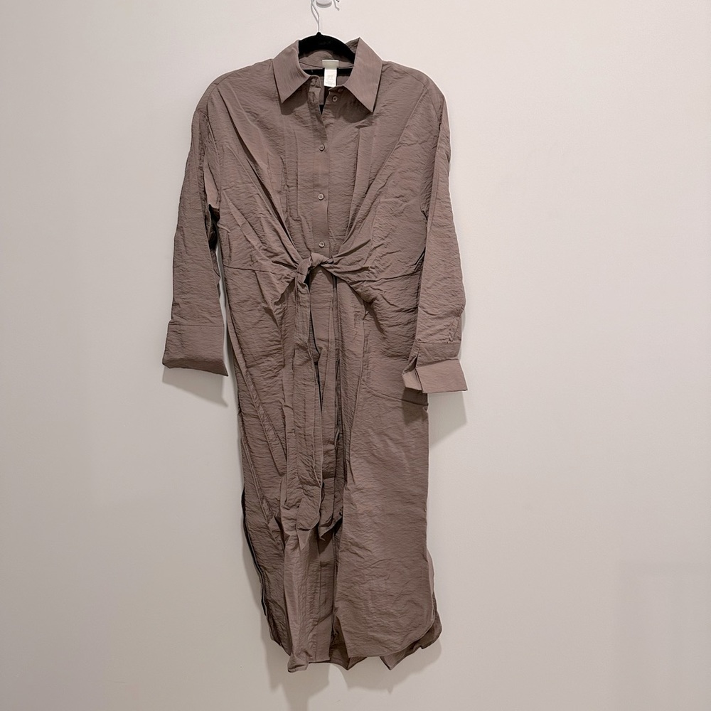 H&M, tie front taupe dress, side slit, size XS, good condition